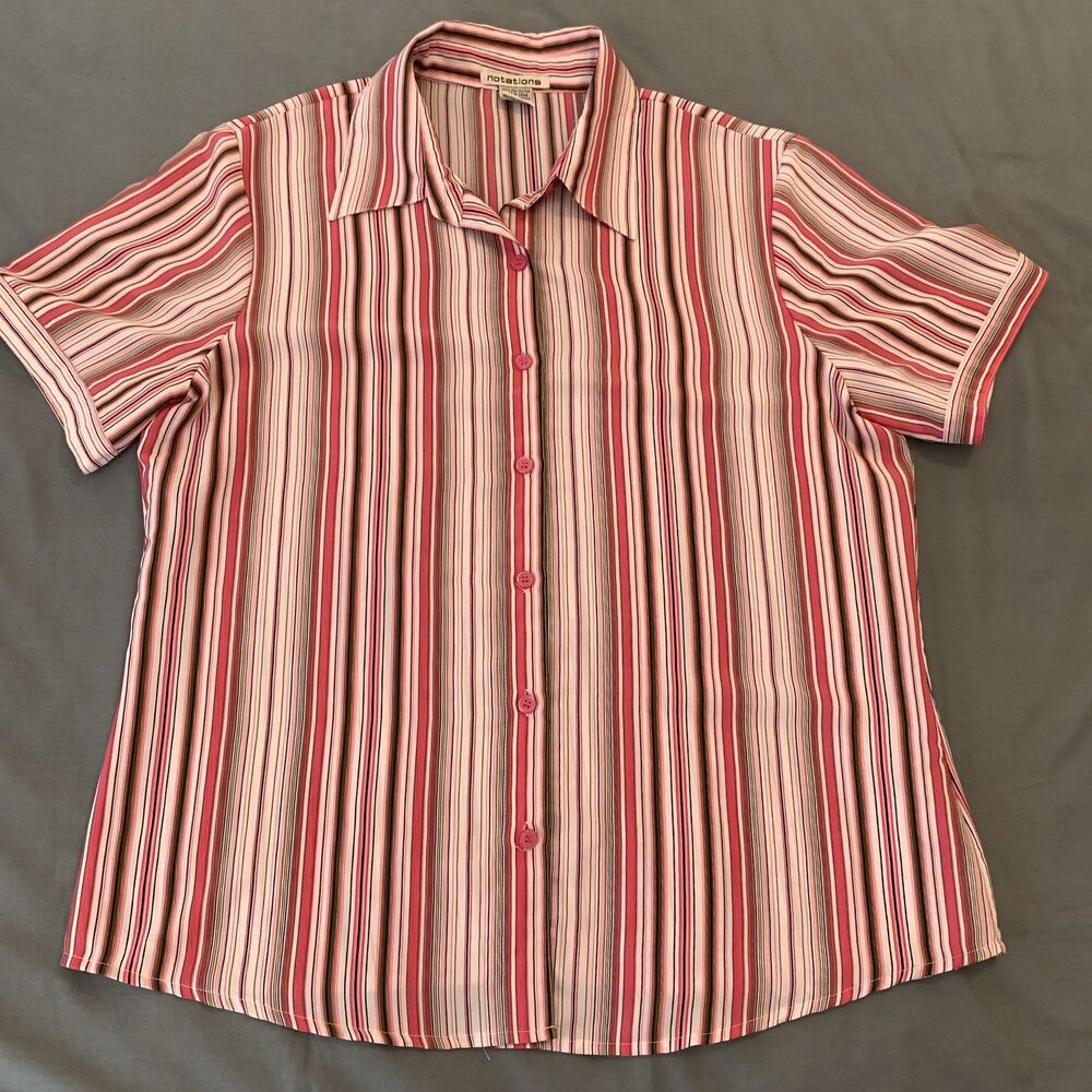 Notations Shirt Womens Medium Pink Red Striped Button‎ Up Collared Blouse Top
